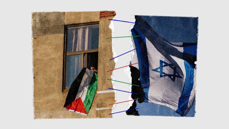 A photo collage stitching together two photos, one of a person waving a Palestinian flag and the other of a person waving an Israeli flag