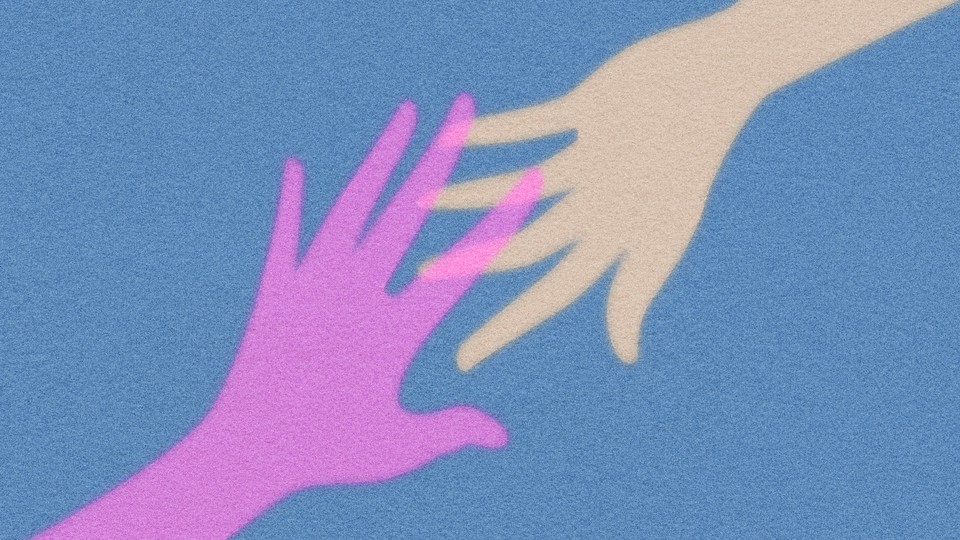 Illustration of two hands intersecting, one pink and one peach-colored, on a field of blue