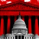 Illustration of a red Supreme Court building towering over the U.S. Capitol.