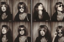 A series of black-and-white images of a woman, sometimes wearing sunglasses, taken in a photo booth
