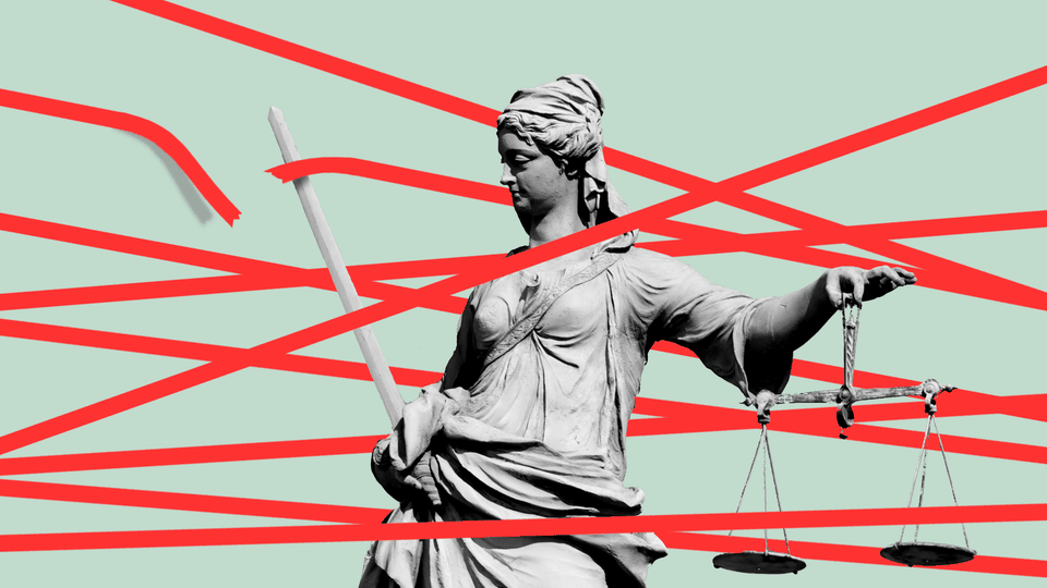 An illustration of Lady Liberty with red tape