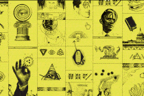A yellow illustration of flashing conspiracist symbols