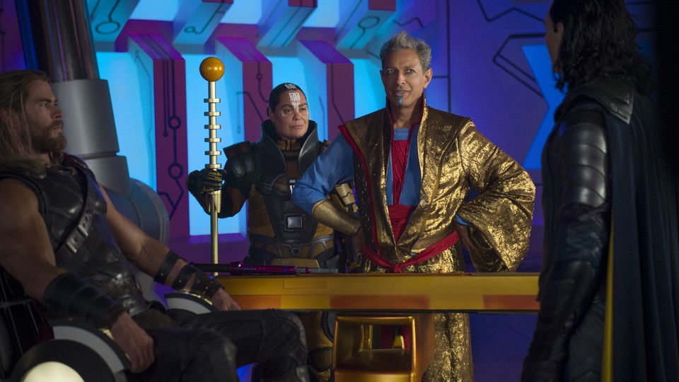 Thor (Chris Hemsworth), Topaz (Rachel House), Grandmaster (Jeff Goldblum), and Loki (Tom Hiddleston)