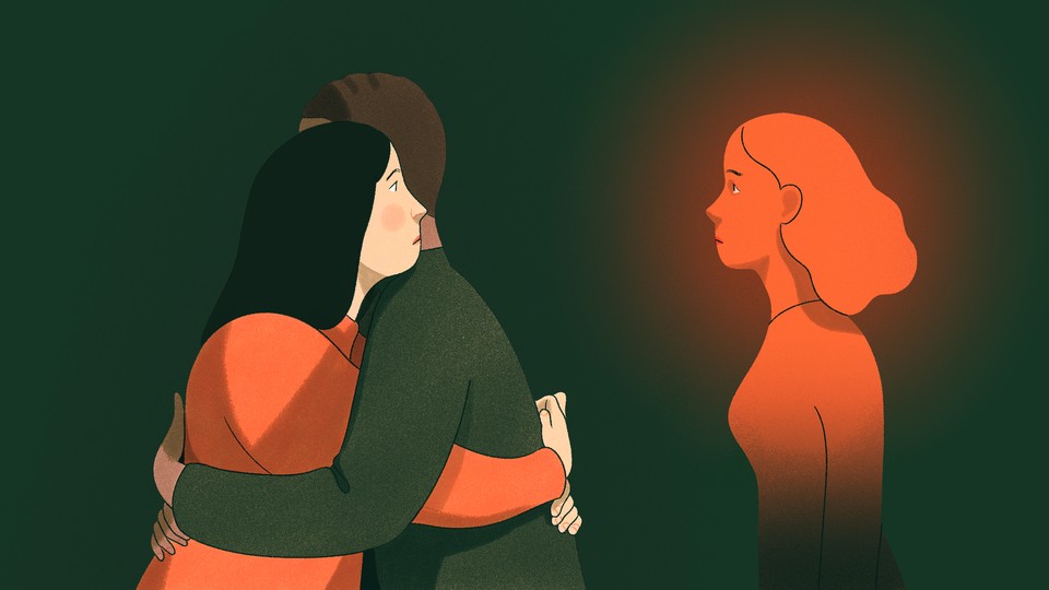 An illustration of a woman hugging a man and seeing the image of the man's ex over his shoulder
