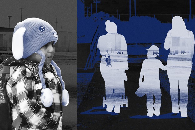 An illustration of an image of 5-year-old Liam Ramos wearing a blue bunny hat next to an image of three silhouettes, two adults and one child, walking against the background of the Dilley Immigration Processing Center