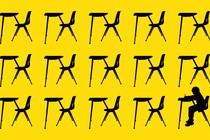 A row of silhouettes of empty school desks with one single child in one, on a school-bus-yellow background