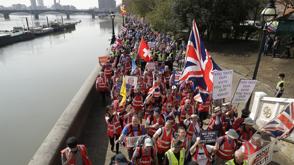 Brexit supporters participate in the "March to Leave" on March 29, 2019, the date Brexit was supposed to happen.