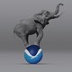 An elephant balancing atop a ball covered with the NOAA logo, its trunk raised in the air