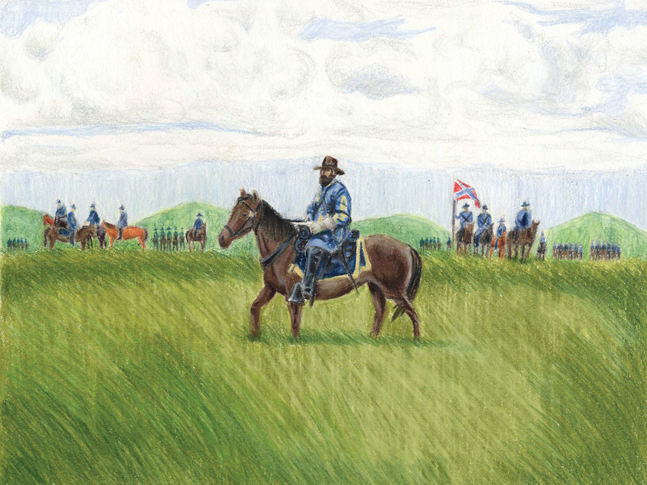 color drawing of man in Confederate uniform riding horse through tall grass with other cavalry and flag in background
