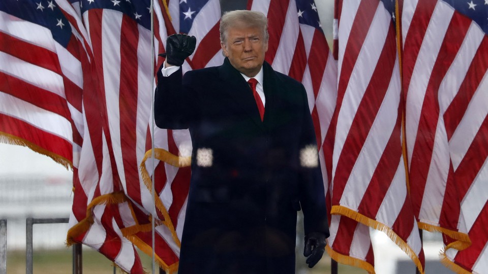 A photo of Donald Trump saluting a crowd of Stop the Steal supporters