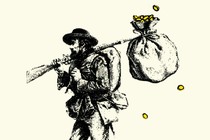 Illustration of Civil War soldier, marching with rifle slung over his shoulder with a bag tied to it shedding gold coins