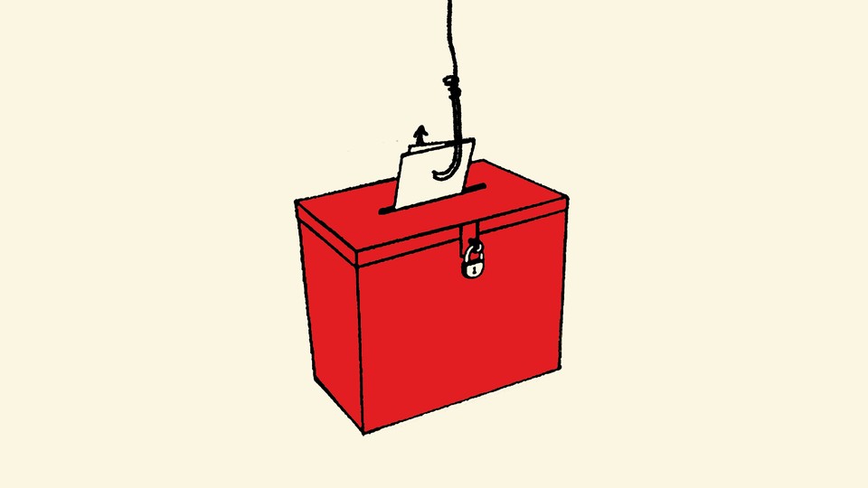 A drawing shows a red ballot box with a ballot in its slot snagged on a fishing hook.