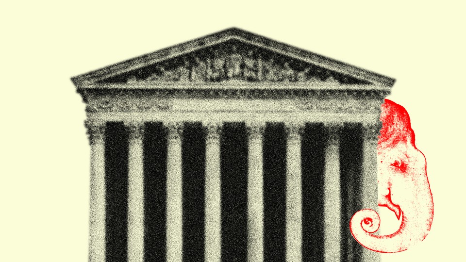 Illustration of the Supreme Court with an image of an elephant representing the Republican party peering out from behind the building
