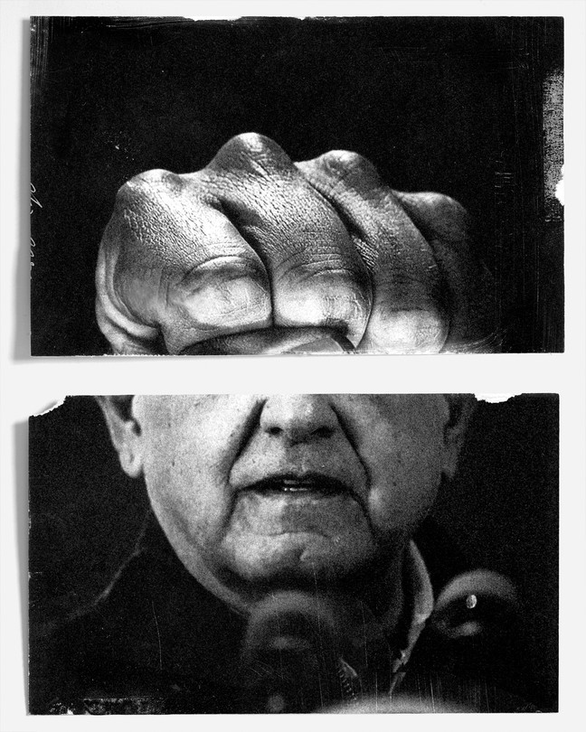 A photomontage of a clenched fist imposed over the face of Andrés Manuel López Obrador