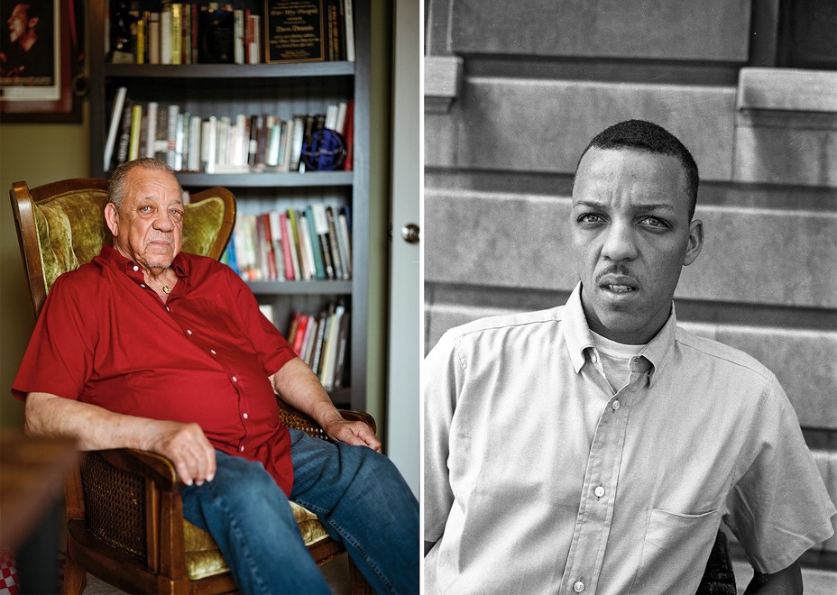 2 photos: Man in red shirt and jeans sits on wingback chair in front of bookshelves; black and white photo of same man, much younger, in button-down shirt