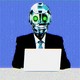 Illustration of a robot figure in a suit and tie, looking at a laptop