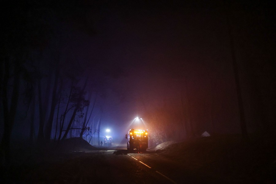 Lights from fire engines illuminate a dark burned area along a forest road.