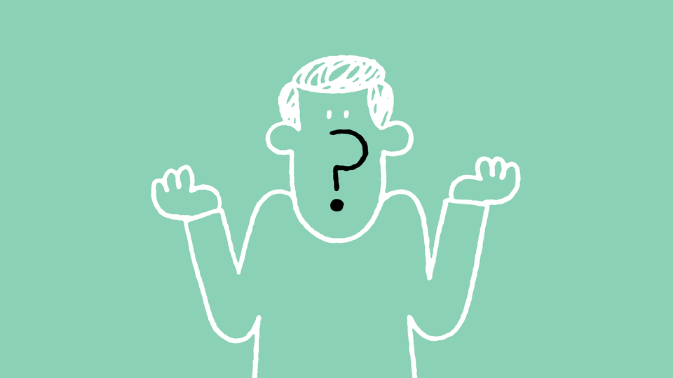 Illustration of sketched person shrugging with question mark for mouth and nose on green background