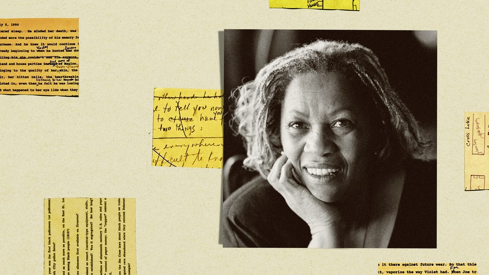 Toni Morrison pictured alongside texts from her archive