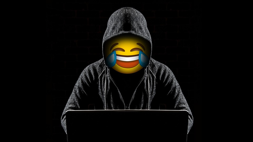 Illustration showing picture of hacker wearing hoodie, but his face is a tears-of-joy emoji