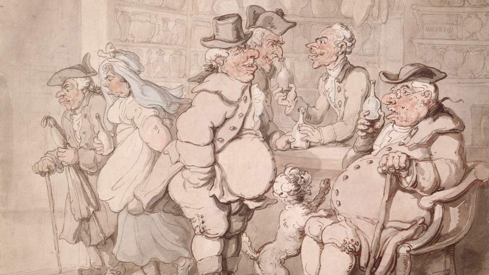 A cartoon of colonial men visiting an apothecary