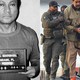 Two photos, on the left a black and white mug shot of Manuel Noriega; on the right, U.S. officials escorting a handcuffed Nicolás Maduro