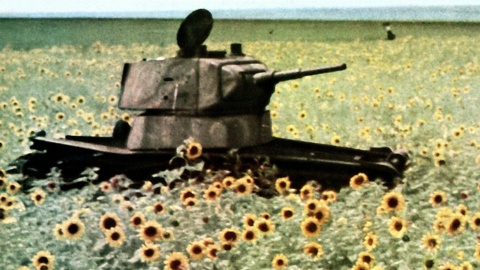 A Russian T-34 tank lies abandoned in a sunflower field.