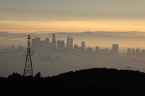 Part of the Los Angeles skyline at sunrise