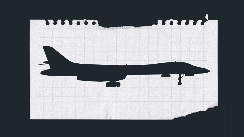 Illustration of a military plane in silhouette against a piece of torn notebook paper.