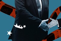 On a deep cerulean background a person is wearing a suit with white stars falling out of their jacket pocket. They reach to shake hands with another person in a suit. Red and black snakes entangle the duo.