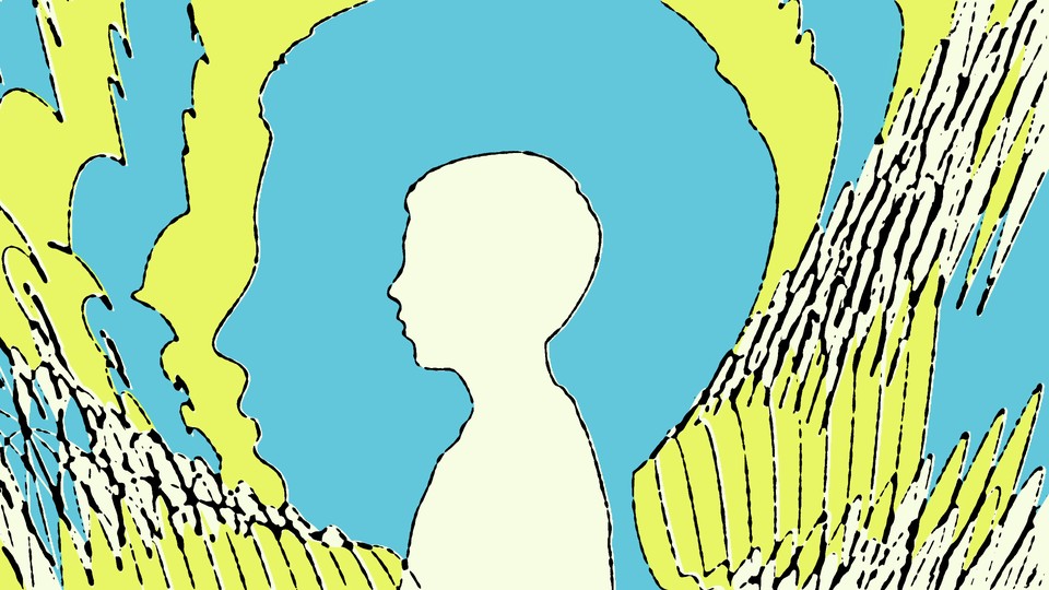 Illustration of a white silhouette of a boy inside a blue silhouette of a boy with green, white, and blue shapes surrounding them.