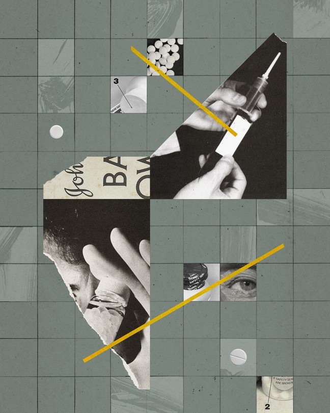 Collage depicting pills and a syringe and a newspaper headline against a grid.