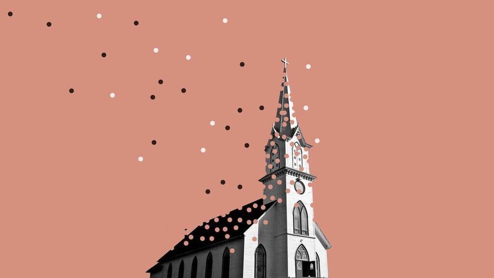 An illustration of a church with pieces floating away