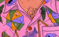 illustration of man from neck down wearing collared pink aloha-style shirt with pattern of crushed cans, broken beach umbrellas, fish skeletons, and bendy straws