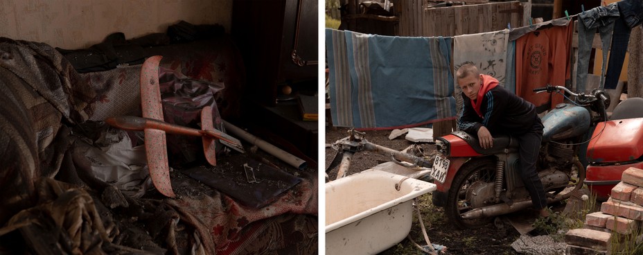 diptych: a toy airplane in the rubble; a boy sits on a dirt bike next to a bathtub and handing laundry