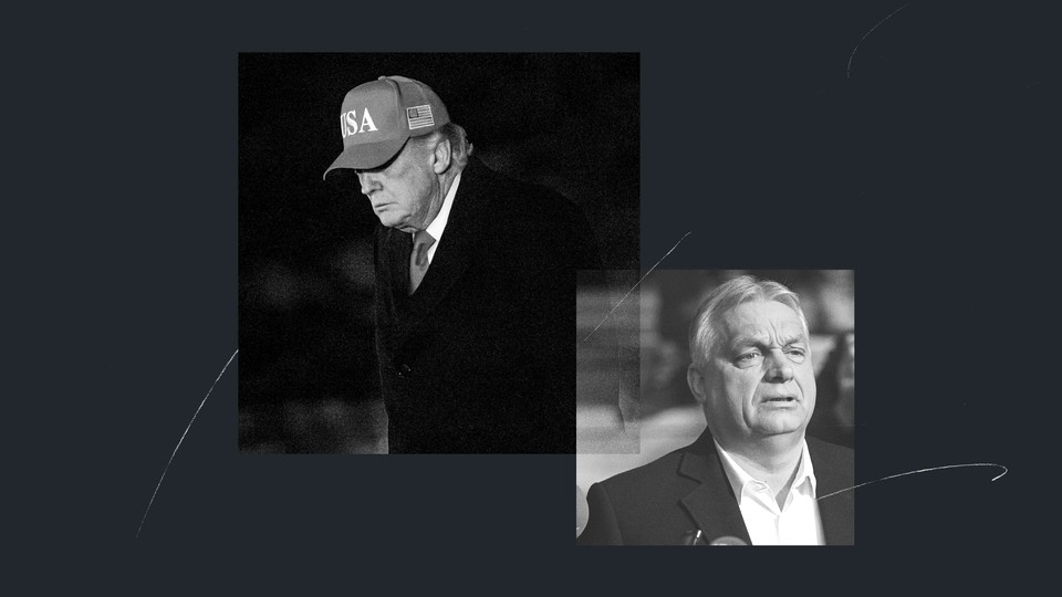 A black-and-white collage with Donald Trump on the left in a USA baseball cap and Viktor Orbán on the right