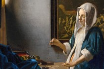 Painting of a woman gazing down at a hanging balance scale she holds between her fingers