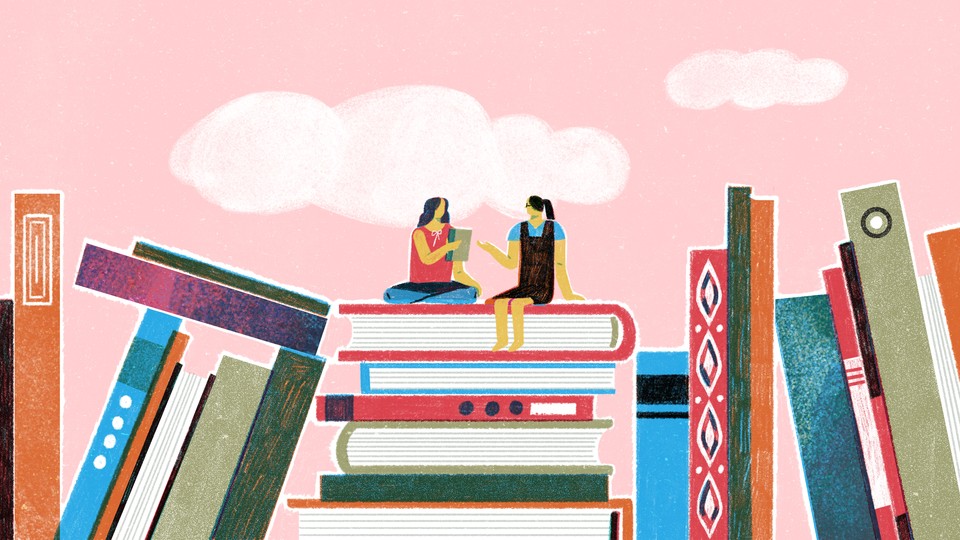 An illustration of two girls sitting on top of a giant stack of books.