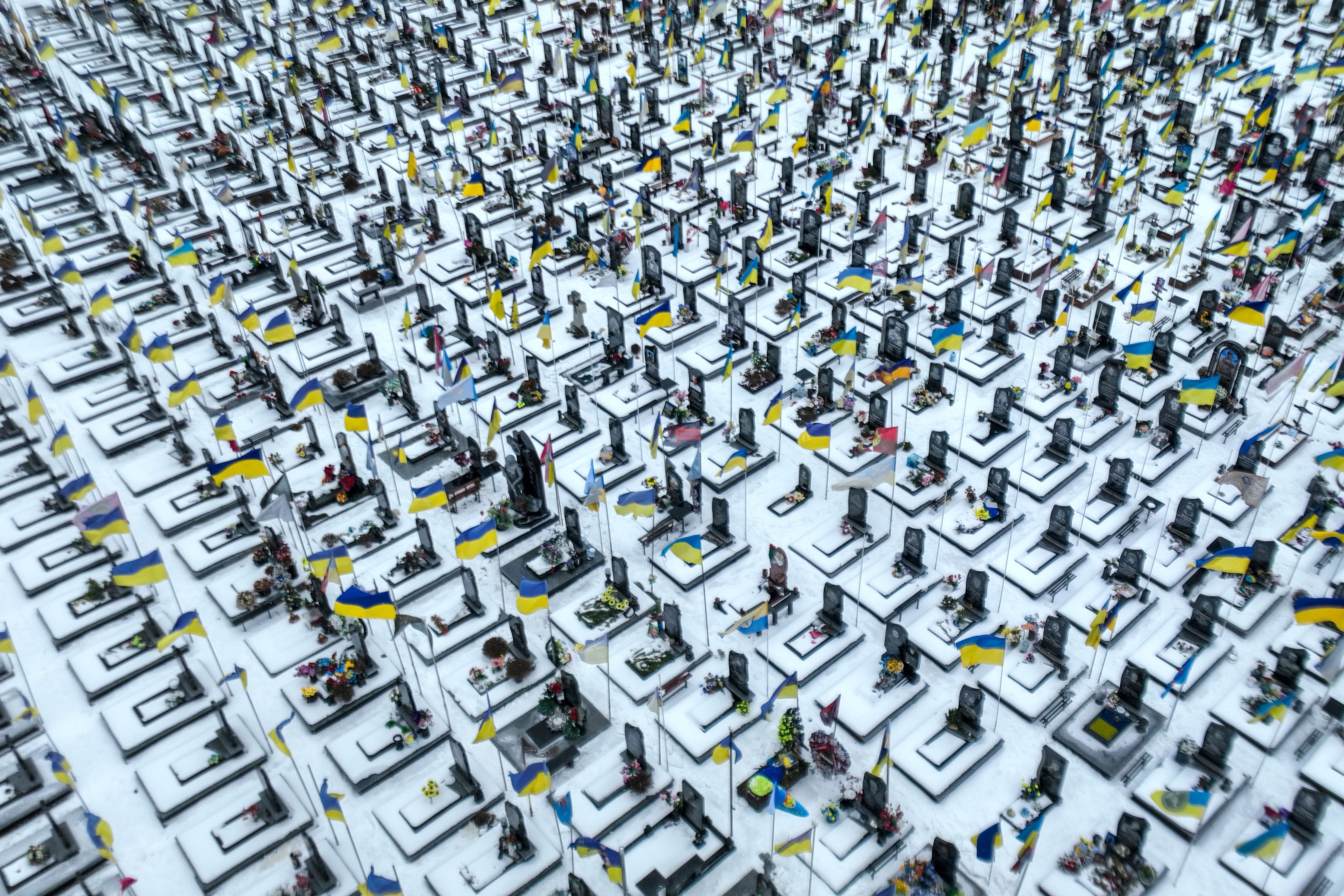 An aerial view of graves of thousands of fallen Ukrainian military personnel.
