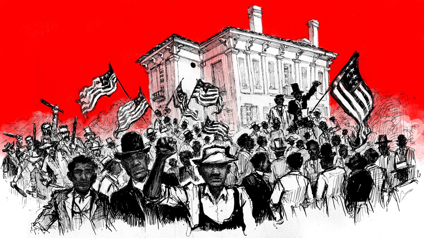 Red, Black and White illustration of Black speakers and white rioters in Eutaw