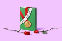 A graphic illustration of a green hardcover book draped with a red "runner up" sash and the Nobel Prize in Literature medal