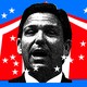 Illustration of Ron DeSantis with a backdrop of red, white, and blue with white stars.