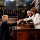 Donald Trump before delivering the State of the Union address, with Vice President Mike Pence and Speaker of the House Nancy Pelosi