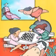a colorful illustration of various women together in a house playing chess, soaking their feet and relaxing together