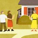 illustration of two women waving goodbye on the sidewalk. One walks away arm in arm with a man, the other is approaching a house where a different man awaits.