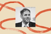 A black-and-white photo of Stephen Richer, surrounded by an illustrated border