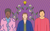 Illustration of three people connected by vines that plug into a light bulb with a happy face on it