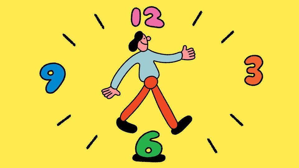 An illustration of a clock with a walking individual as the clock's hands