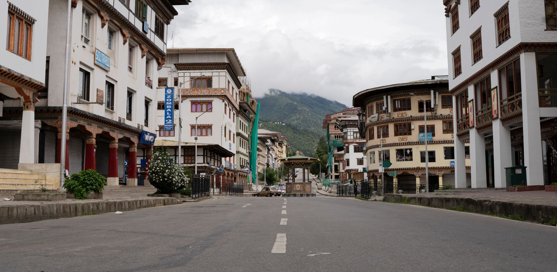 General view of the deserted Norzin Lam road, the main artery of Bhutan's capital, during a government-imposed nationwide lockdown as a preventive measure against COVID-19 in Thimphu on August 13, 2020