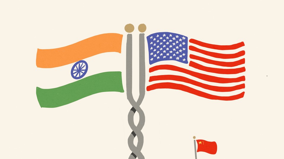 An illustration showing the U.S. and India flags flying together.